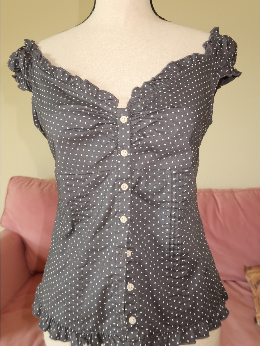 Brandy Melville Gray-Blue Polka Dot Ruffle Button-Down Top
